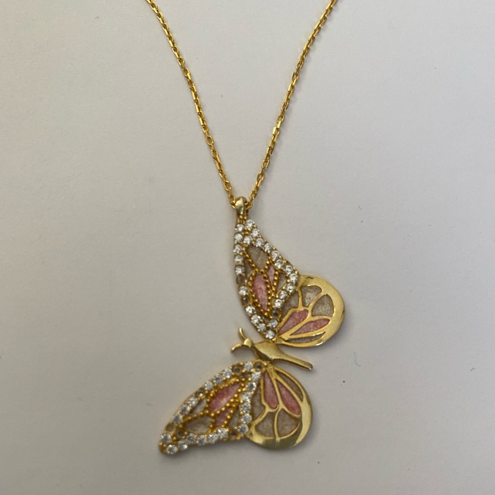 925 silver necklace hand made enamel butterfly clear cubic zirconia cz stones